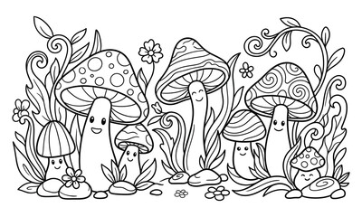Fototapeta premium Seamless Style Cute Mushroom and Flowers Landscape Coloring Page