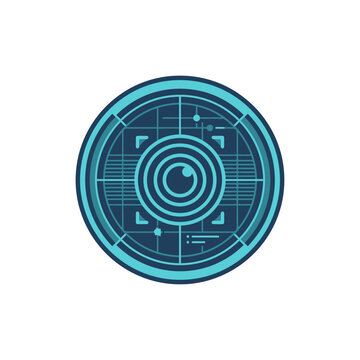 A digital radar interface icon with a central eye graphic design