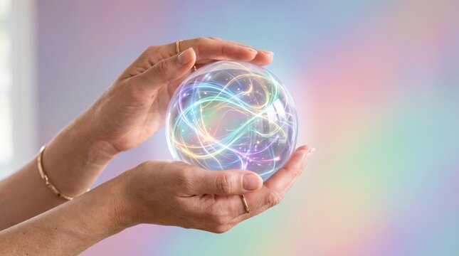 Female hands gently holding a glowing transparent sphere filled with colorful swirling light energy lines, representing magic, future technology, global connection