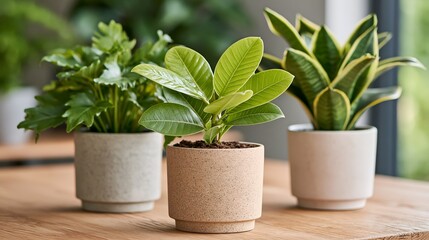 Fototapeta premium Three potted plants sit on a wooden surface.