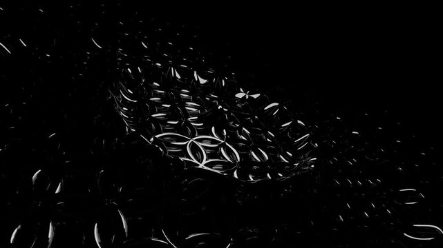 Abstract 3D field of dark metallic patterns and spreading circular waves with glossy reflections. Monochrome fractal background with high contrast of black and white tones. Seamless VJ loop , 4K 60fps