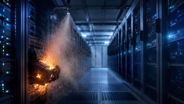 Server Hardware Failure Fire Extinguisher System Spraying In Data Center