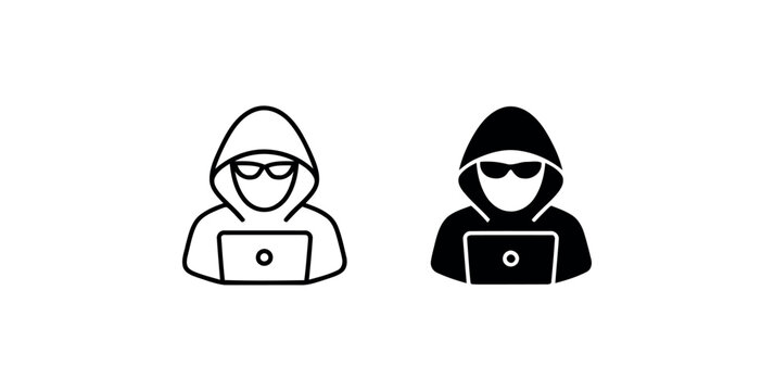 Anonymous hacker with laptop outline and solid silhouette vector icons set for cybersecurity design.