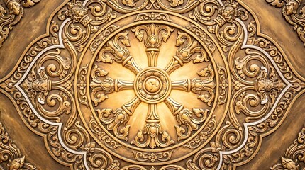 Obraz premium Intricate golden Dharmachakra wheel relief carving with ornate Buddhist floral patterns.