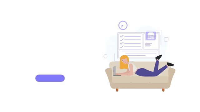 A woman relaxing on a sofa with a laptop and digital checklist concept illustration.