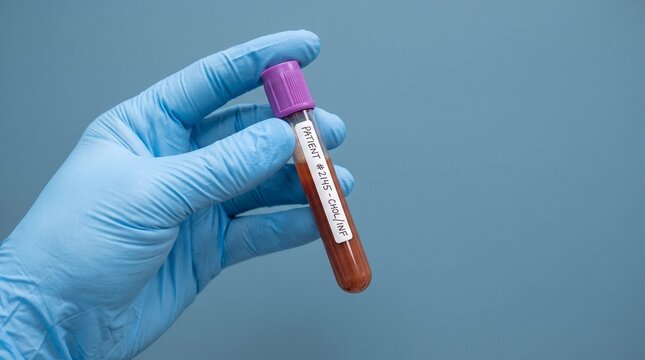 Transparent laboratory test tube containing a blood sample held by a gloved medical professional, isolated against a modern blue background, concept of blood testing, cholesterol measurement