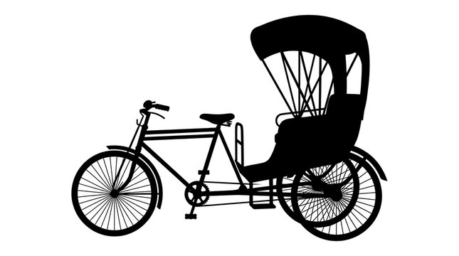 Classic black silhouette of an old-fashioned bicycle rickshaw, traditional Asian transport vehicle