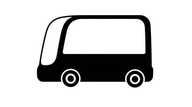 Simple black and white icon of a futuristic self-driving shuttle bus