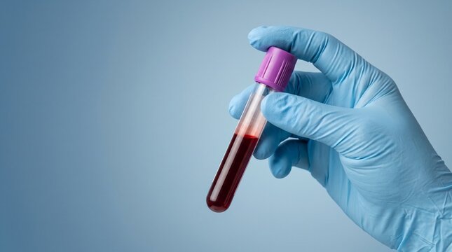 Transparent laboratory test tube containing a blood sample held by a gloved medical professional, isolated against a modern blue background, concept of blood testing, cholesterol measurement