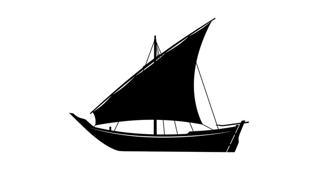 Black silhouette of a traditional dhow sailing boat isolated on white