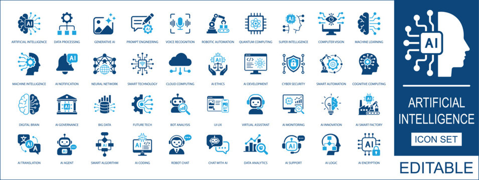  Artificial intelligence icon set. Featuring machine learning, ai agent, generative ai, data processing, and cloud computing. Vector icons for AI technology.