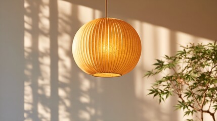 Fototapeta premium Warm woven pendant light hangs softly.