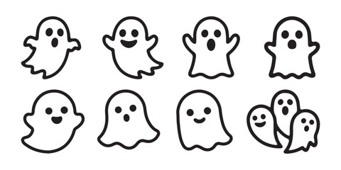 Fototapeta premium Set of cute simple black and white outline cartoon ghost character icons for fun Halloween graphic design projects.