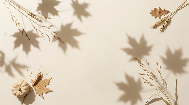Autumn leaves and branches casting soft shadows on a neutral background