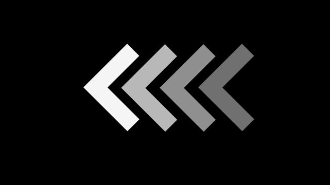 White and gray chevron arrows blinking and pointing left animation on black background loop.