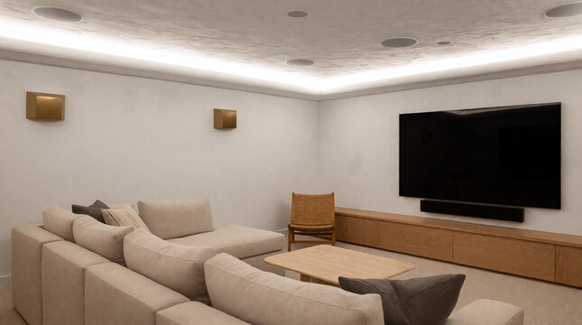 Minimalist home theater with led strip, sectional sofa and projection screen, 3d render