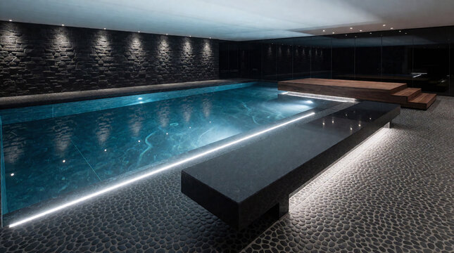 Luxury indoor swimming pool with led strip, turquoise water and water reflection, 3d render