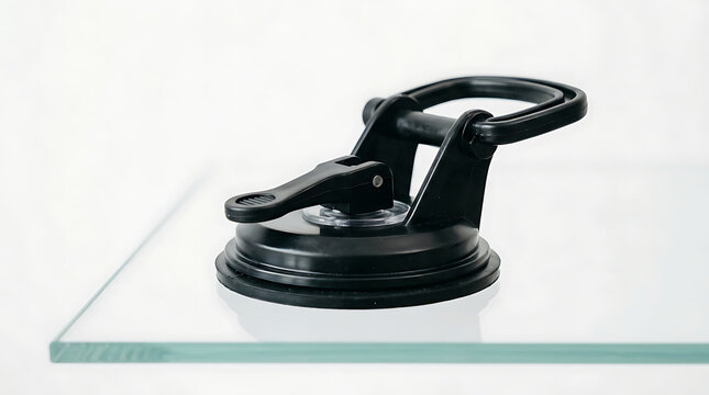 Black suction cup with lever mechanism securely adhering to a smooth glass surface