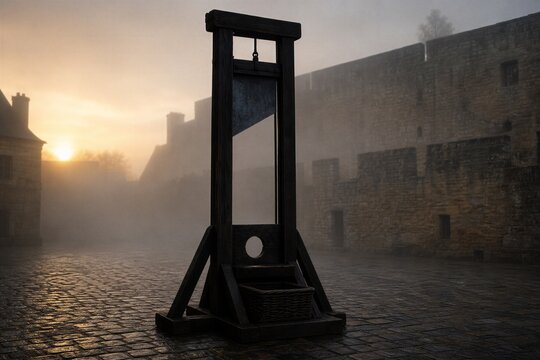 Historic guillotine on cobblestone street with castle walls bathed in foggy sunset light reflecting off wet ground