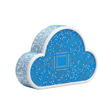 A 3D isometric blue cloud computing icon with complex circuit board and central CPU chip.