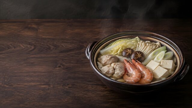 japanese yose nabe hot pot with shrimp chicken meatballs tofu and vegetables