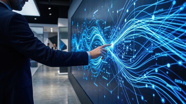 Businessman in suit touching large interactive digital wall display, futuristic data analytics visualization with glowing blue lines and nodes, network connection