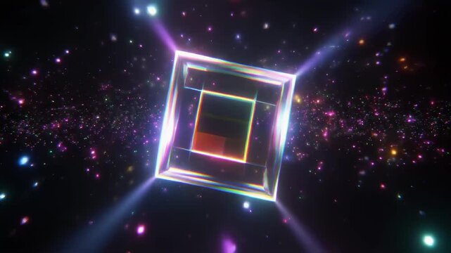 3D hologram cube rotating in mid-air, volumetric light beams background animation