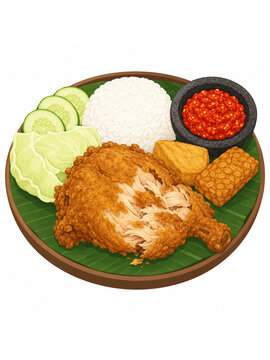 Flat cartoon illustration of Indonesian ayam penyet smashed fried chicken with sambal and rice plate