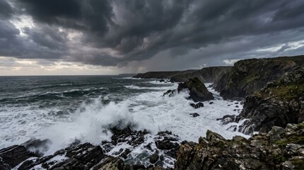 Fototapeta premium Stormy Ocean Waves Crashing Against Rocky Coastline
