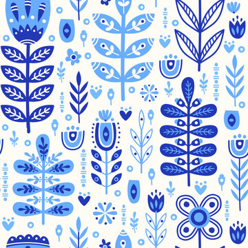 Seamless pattern in scandinavian style with horse and bird, tree, flowers, leaves, branches. Folk art. Vector nordic background with floral ornaments and animal illustrations. Home decorations.