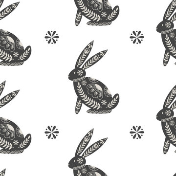 Illustration in scandinavian style with hare and floral elements: flowers, leaves, branches. Folk art. Vector nordic background with ornaments. Home decorations. Black and white.