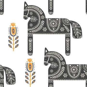 Illustration in scandinavian style with horse and floral elements: flowers, leaves, branches. Folk art. Vector nordic background with ornaments. Home decorations. Black and white.