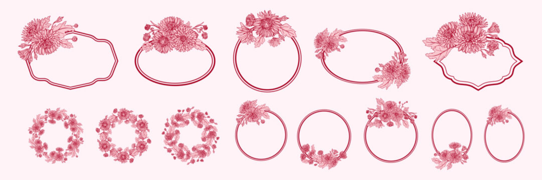 Elegant hand-drawn floral frames and wreaths in a vintage style. Perfect for wedding stationery, invitations, branding, packaging, labels, certificates, and graphic design.