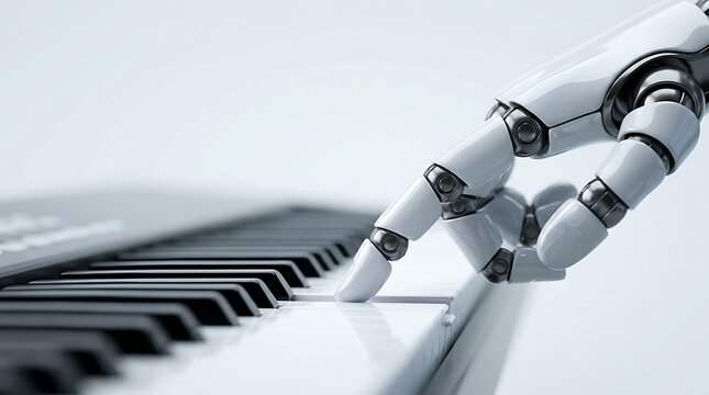 Robotic hand plays piano keys with precision control and advanced technology in a modern setting for musical creativity.