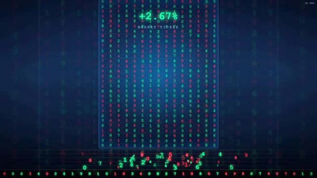 Digital financial data stream with fluctuating percentage numbers and binary code on dark blue background