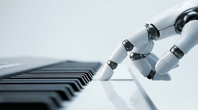 Futuristic white robotic hand playing glossy digital piano keys demonstrates precision engineering artificial intelligence and cybernetic automation in music.