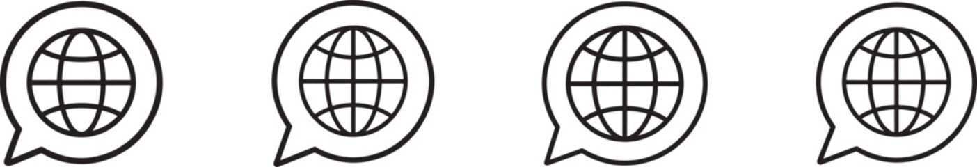 Fototapeta premium Black and white globe speech bubble icon for global communication, chat, messaging and world media.