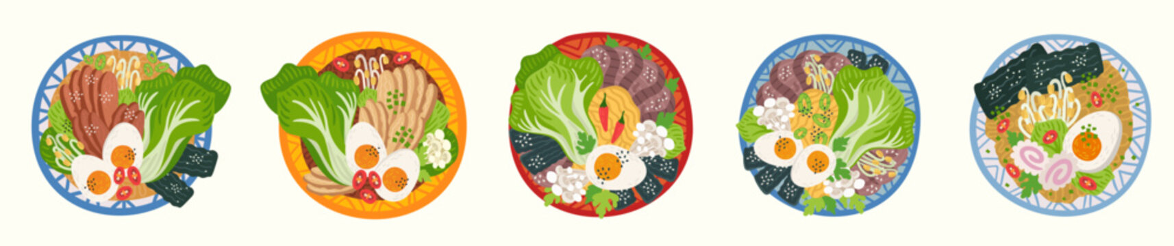 Ramen in bowl on table. Top view. Illustration with Japanese soup in flat style. Asian food: miso, egg, nori, leek, noodles, pork, soybean sprouts, kamaboko, Enoki, Bok choy. Vector round composition.
