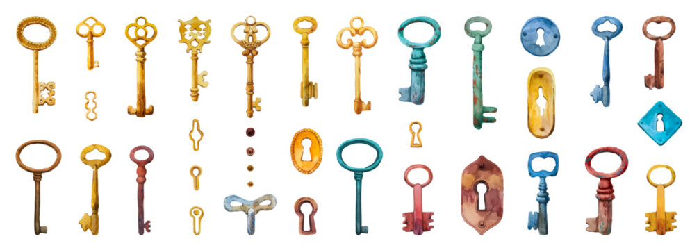 Vector watercolor set of hand-drawn antique copper, gold, iron keys and keyhole. Illustration in picturesque style on white background. Old objects design.