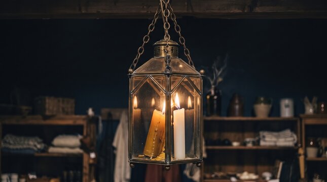 A lantern with candles hangs from the ceiling in a room. The warm light brightens the dark space. Shelves with various items are visible in the background.