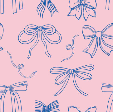 Coquette Cute seamless pattern with bow set. Hand-drawn vintage ribbons. For party, Wedding, invitation, social media template, and greetings in retro style. Vector minimalist elements, line art.