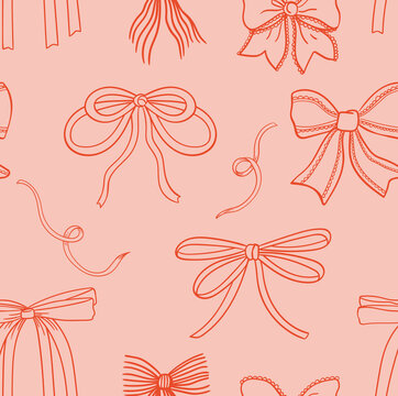 Coquette Cute seamless pattern with bow set. Hand-drawn vintage ribbons. For party, Wedding, invitation, social media template, and greetings in retro style. Vector minimalist elements, line art.