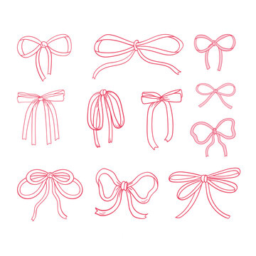 Coquette Cute bow set. Hand-drawn vintage ribbons. For party, Wedding, invitation, social media template, and greetings in retro style. Vector minimalist elements, line art.