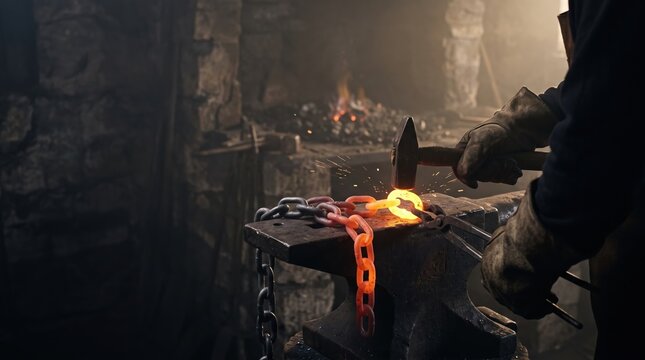 A worker is seen striking red-hot metal with a hammer in a blacksmith shop. The metal is shaped into chains, and fire burns in the background.