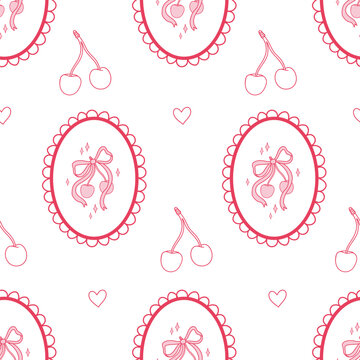 Coquette Cute seamless pattern with cherry in cute frame. Hand-drawn vintage. Wedding, invitation, social media template, and greetings in retro style. Vector minimalist elements, line art.