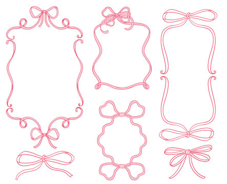 Coquette ribbon frame set with a bow. Hand-drawn vintage. For party invitation, and social media template decoration, and greetings in retro style. Vector minimalist border, doodle line art, banner.