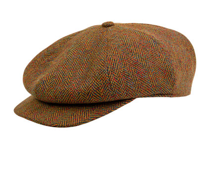 Brown herringbone texture tweed flat cap worn style isolated on transparent background png element