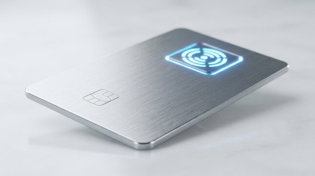 Modern silver credit card with glowing contactless payment chip symbol