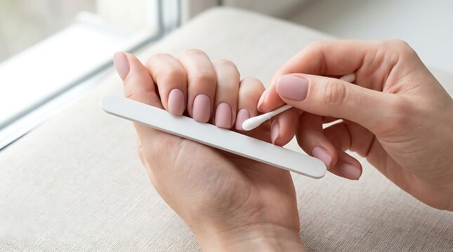 Woman filing fingernails with emery board and cleaning with cotton swab for nail care
