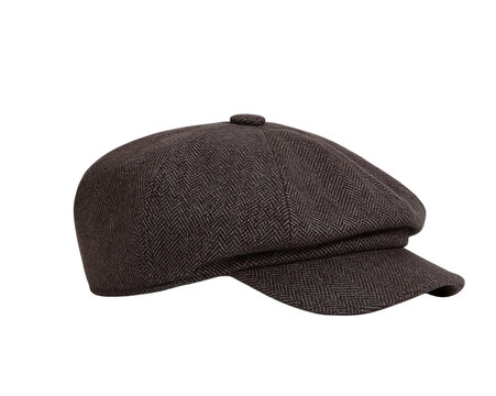 Brown herringbone tweed wool fabric flat cap isolated on transparent background PNG element